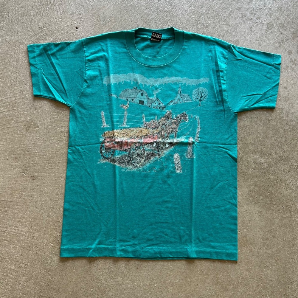 Vintage 90s Hay Rides Shirt Size Large Green Air Waves Art Country Farm Horses